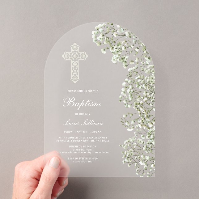 White Baby's Breath Arch Baptism Acrylic Invitations (Insitu (Handheld))