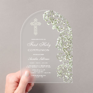 White Baby's Breath Arch First Communion Acrylic Invitations
