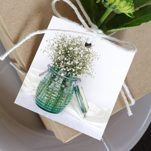 White Babys Breath Flowers in Blue Jar Wedding Favour Tags