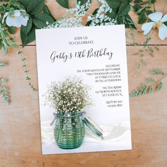 White Babys Breath in Blue Jar Birthday Party Invitation (Creator Uploaded)