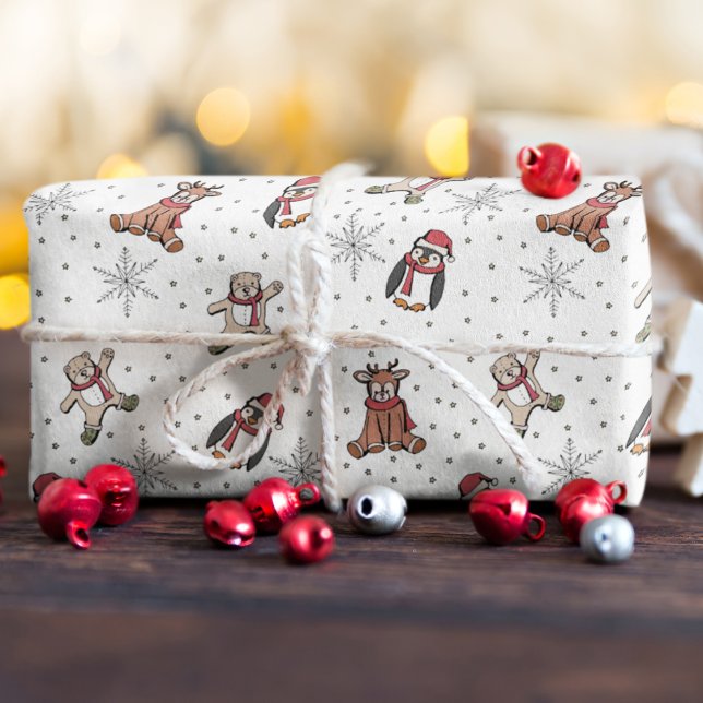 White Babys First Christmas Winter Animals Wrapping Paper (Baby's First Christmas Winter Animal White Wrapping Paper. Hand-Drawn Penguin, Reindeer, Teddy Bear)