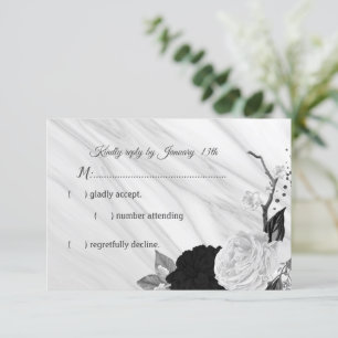 white & back flowers marble RSVP card