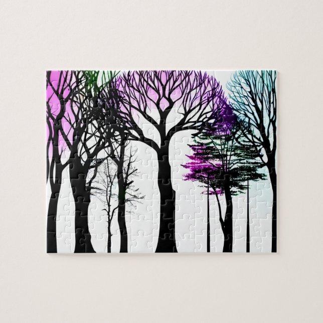 White Background Black Trees Purple Blue and Green Jigsaw Puzzle (Horizontal)