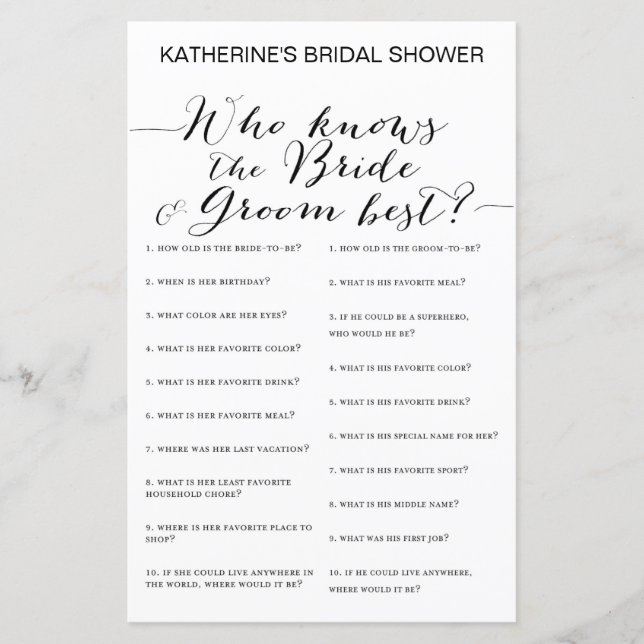 White Background Bridal Shower Game PRINTED (Front)