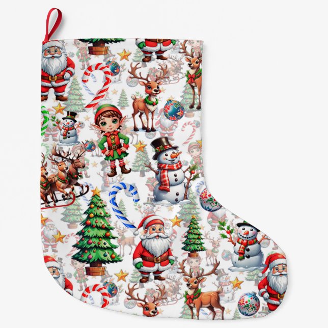 White Background Christmas Decorative Pattern Large Christmas Stocking (Front)