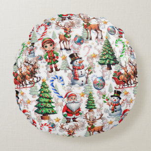 White Background Christmas Decorative Pattern Round Cushion