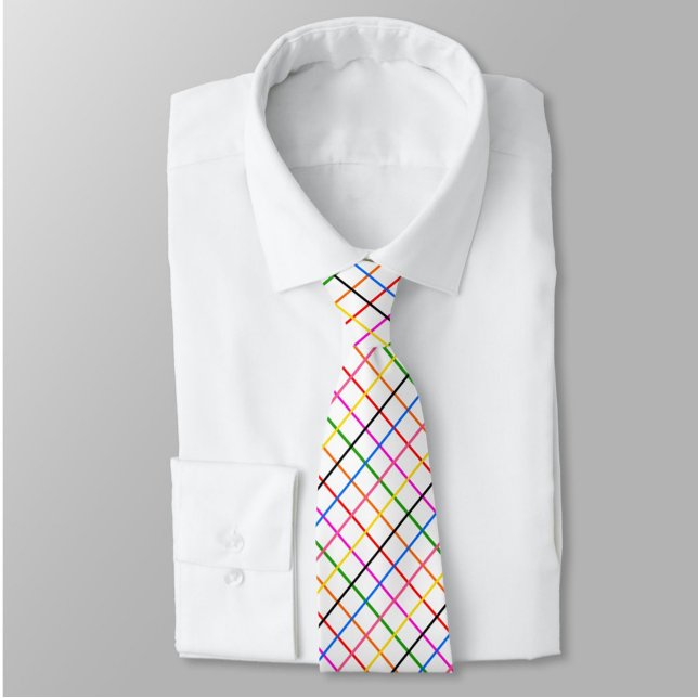 White Background Colourful Windowpane Plaid Design Tie (Creator Uploaded)