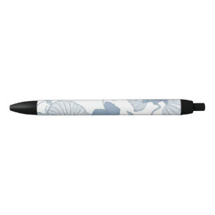 White Background Delicate Blue Japanese Flowers Black Ink Pen