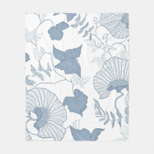 White Background Delicate Blue Japanese Flowers Fleece Blanket
