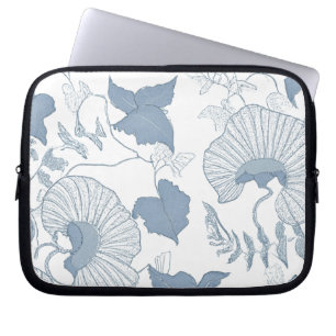 White Background Delicate Blue Japanese Flowers Laptop Sleeve