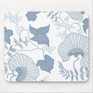 White Background Delicate Blue Japanese Flowers Mouse Pad