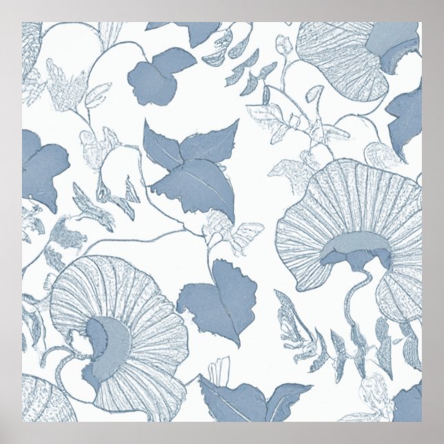 White Background Delicate Blue Japanese Flowers Poster (Front)