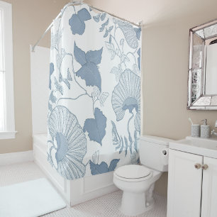 White Background Delicate Blue Japanese Flowers  Shower Curtain