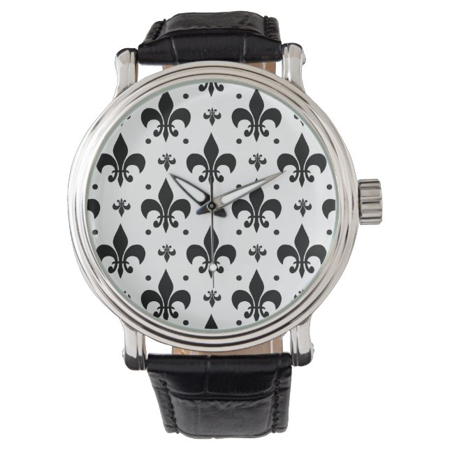 White Background Fleur-de-lis Pattern Design  Watch (Front)