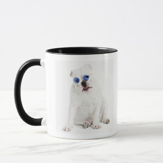 white background, white bulldog, blue tinted mug (Left)
