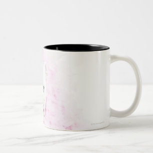 white background, white bulldog, pink feather Two-Tone coffee mug