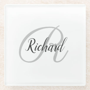 White Background With Monogram Glass Coaster