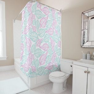 White Background with Purple And Green Leaves Shower Curtain