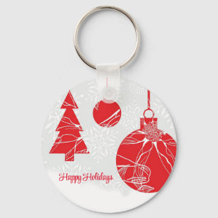 White Background with Snowflakes and Red Balls Key Ring