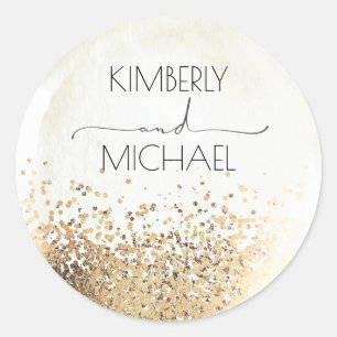 White Balloon and Gold Glitters Wedding Classic Round Sticker