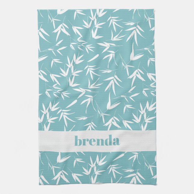 White bamboo leaves on teal background tea towel (Vertical)
