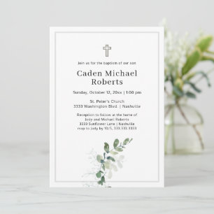 White Baptism Greenery Cross Invitation