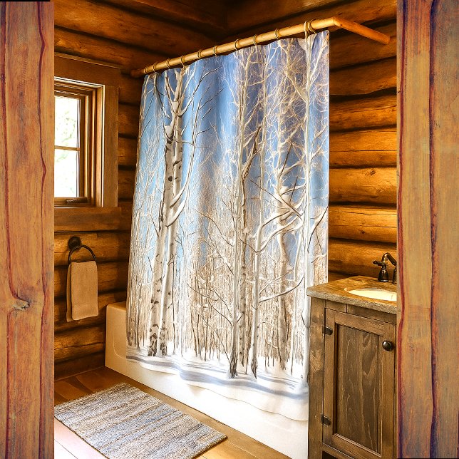 White Bark Aspen Trees Winter Snow Under Blue Sky Shower Curtain (shower curtain)