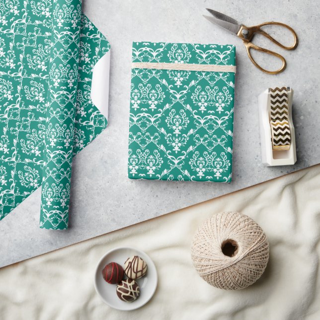 White Baroque Damasks Custom Blue-green Background Wrapping Paper (Crafts)