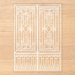 White Baroque Gate Illustration Overlay Wedding Acrylic Invitations