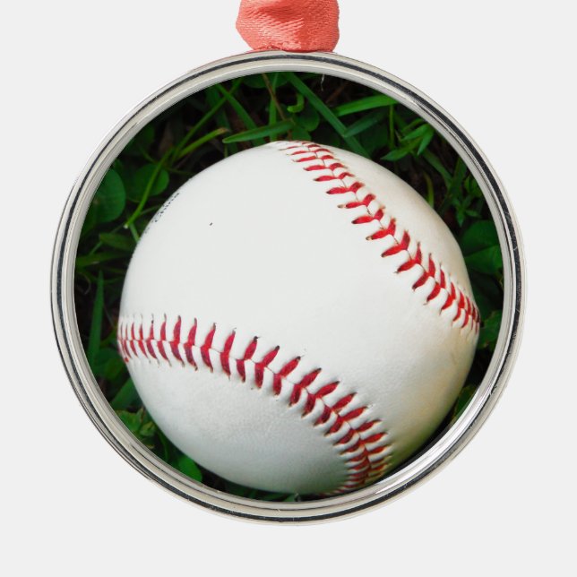 White Baseball with Red Stitching Metal Ornament (Front)