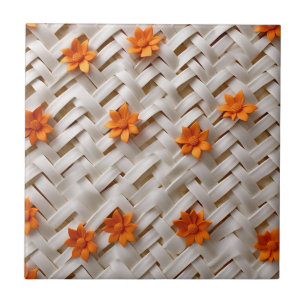 White Basketweave Texture with Orange Flowers Ceramic Tile