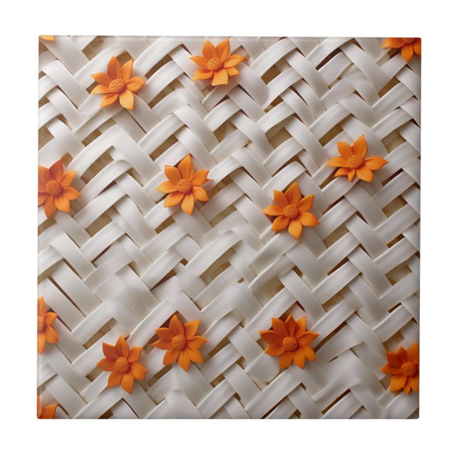 White Basketweave Texture with Orange Flowers Ceramic Tile (Front)