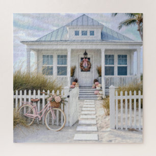 White Beach Cottage with Pink Pumpkins and Bicycle Jigsaw Puzzle