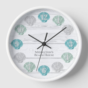 White Beach Wood with Colourful Seashells  Clock