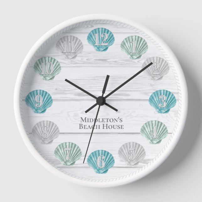 White Beach Wood with Colourful Seashells  Clock (Front)