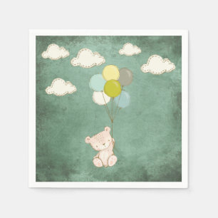 White Bear Balloons Clouds Green Rustic Cute Napkin