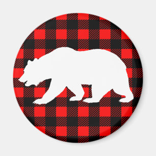 White Bear & Rustic Black Red Buffalo Check Plaid Magnet