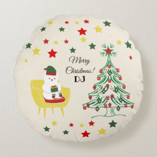 White Bear Tree Lettering Initials Merry Christmas Round Cushion