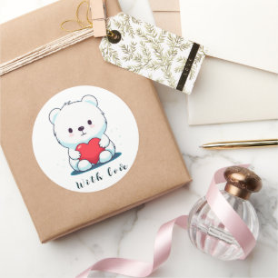 White bear with a heart, personalised classic round sticker