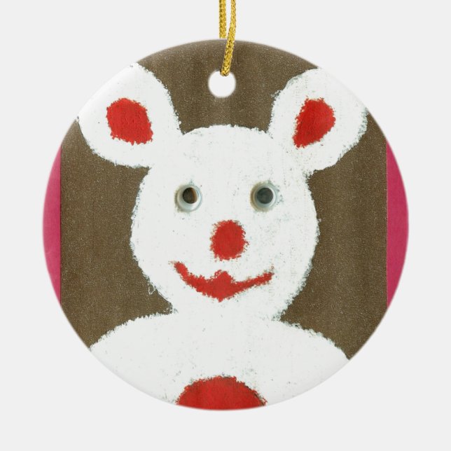 White Bear with Red Nose, Mouth, and Ears (Santa) Ceramic Ornament (Front)