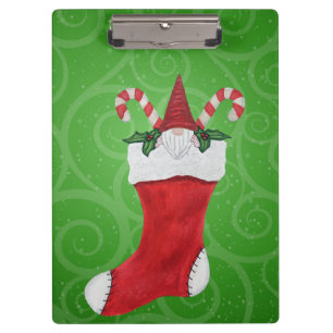 White Bearded Gnome in Stocking Candy Canes Swirls Clipboard