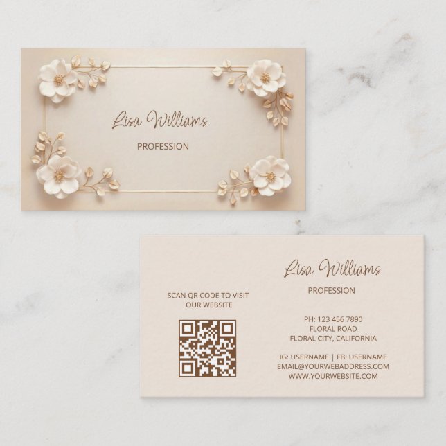White Beige 3D Flowers Business Card (Front/Back)