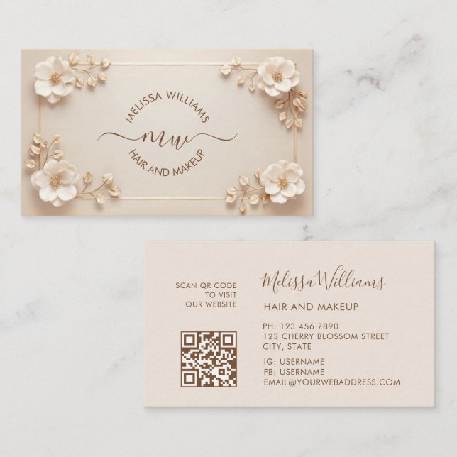 White Beige 3D Flowers Initials Business Card (Front/Back)