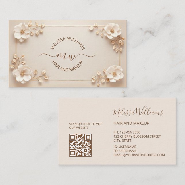 White Beige 3D Flowers Initials Business Card (Front/Back)
