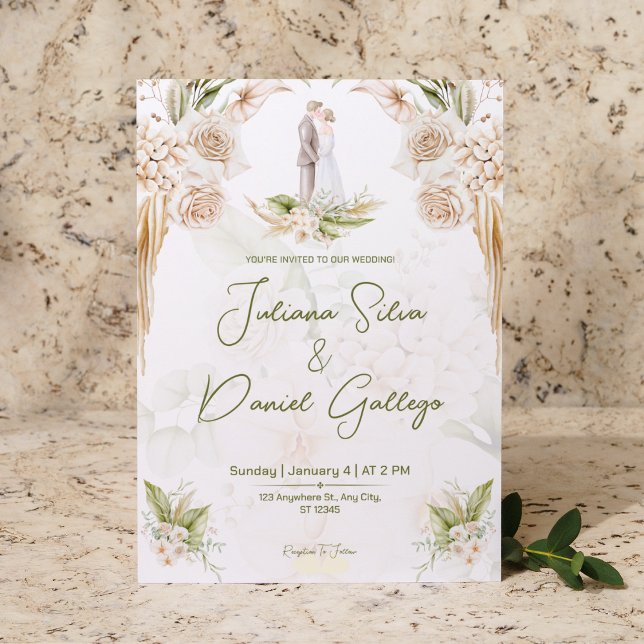 White Beige Aesthetic Floral Chic Elegant Wedding  Invitation (Creator Uploaded)