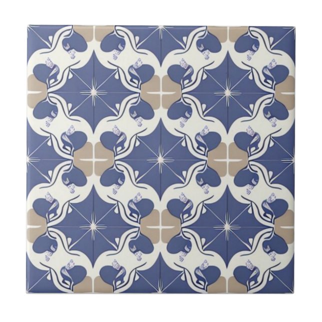 White, beige and dark blue floral ceramic tile (Front)