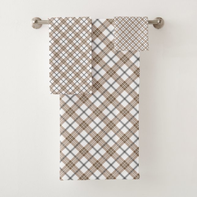 White beige black diagonal light chequered pattern bath towel set (Insitu)