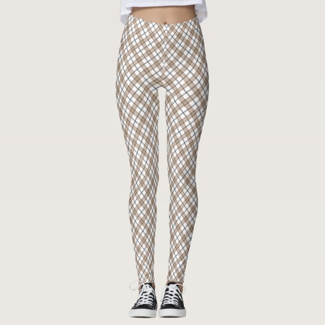 White beige black diagonal light chequered pattern leggings (Front)