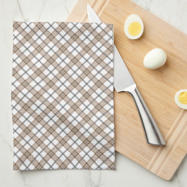 White beige black diagonal light chequered pattern tea towel (Quarter Fold)