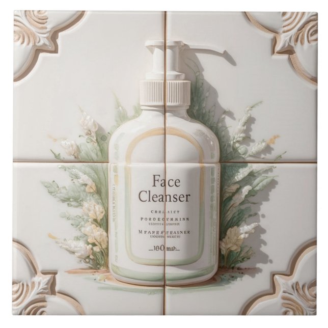 White Beige Facial Cleanser Bottle Funny Bathroom Ceramic Tile (Front)